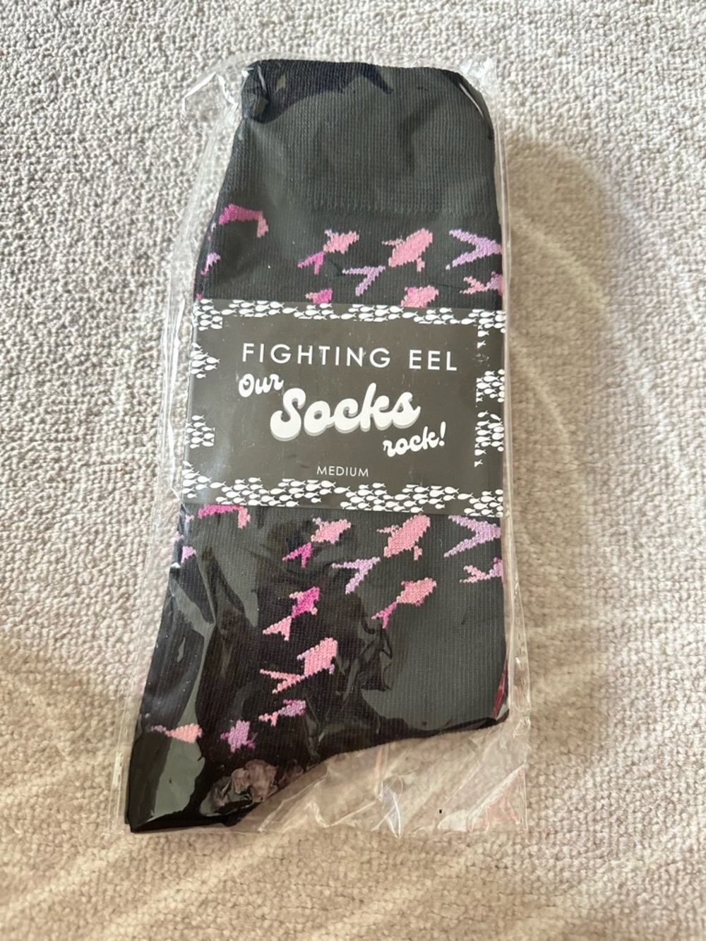Fighting Eel Lightweight Crew Socks in Black/Pink Origami Fish